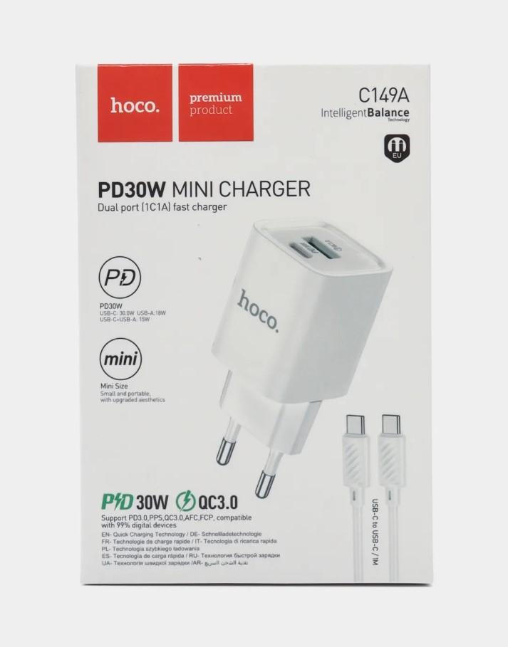 СЗУ 2в1 hoco C149A, Type-C/Type-C, 3.0А, 1 USB/1Type-C, 20W, 1.0 м, белый