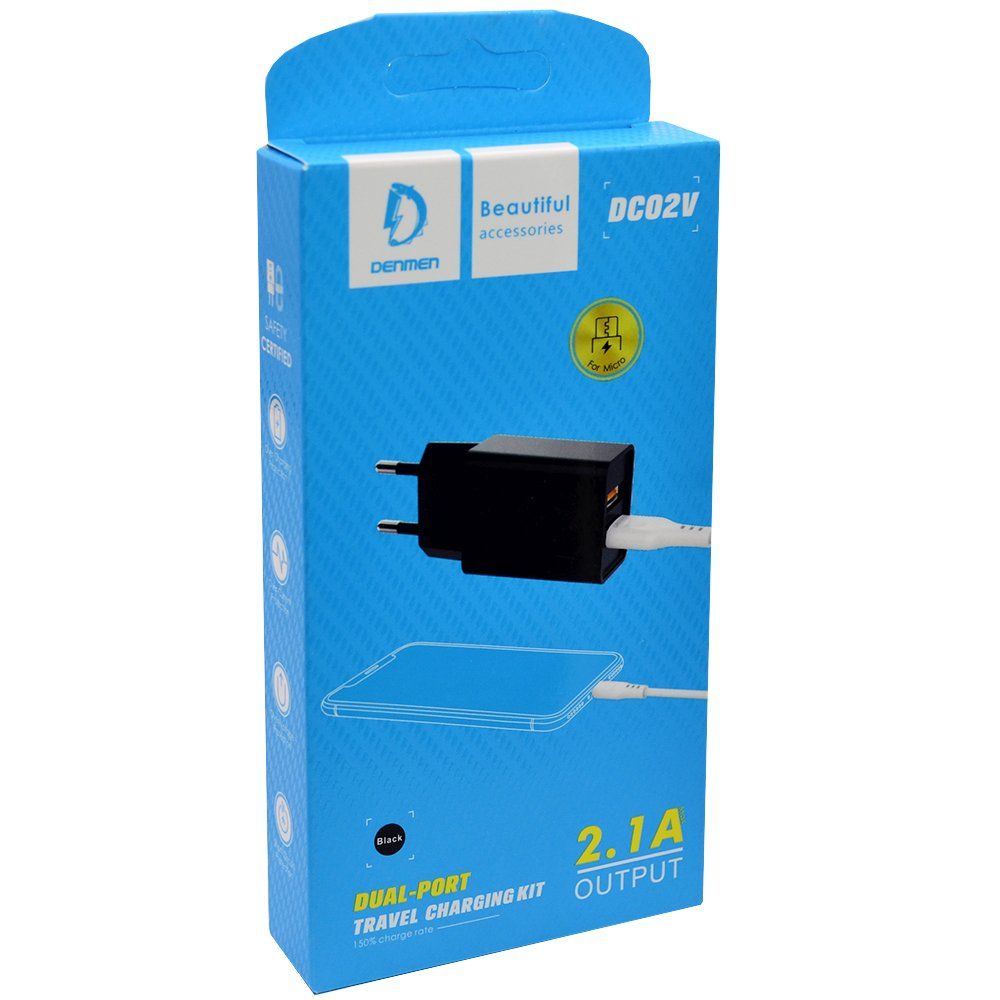 СЗУ 2в1 Denmen DC02V, micro USB, 2.4А, 2 USB, 5V, 1.0 м, черный