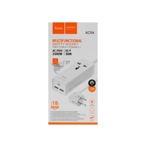 Сетевой фильтр Hoco AC9A. 2USB/1Type-C/1AC, 250V, DC-30W. 1.0 м, белый
