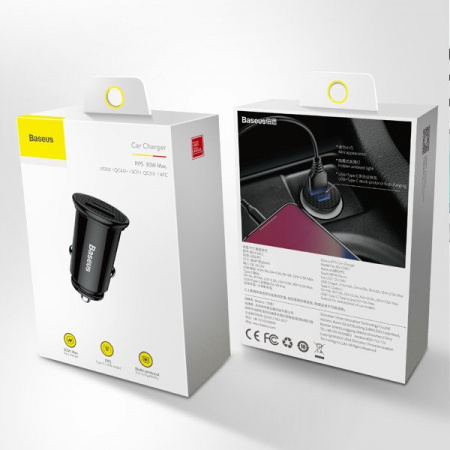 АП авто Baseus CCALL-YS01, 3.1А, 1 USB/1Type-C, 30W, пластик, черный