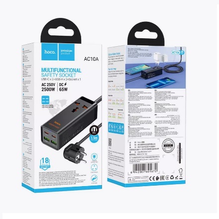 Сетевой фильтр Hoco AC10A. 2USB/2Type-C/1AC, 65W. 1.0 м, черный