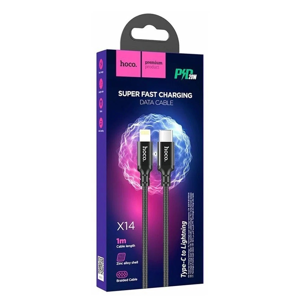 USB-кабель hoco X14, Type-C/Apple-8pin, PD, силикон, 1.0 м, круглый, черный