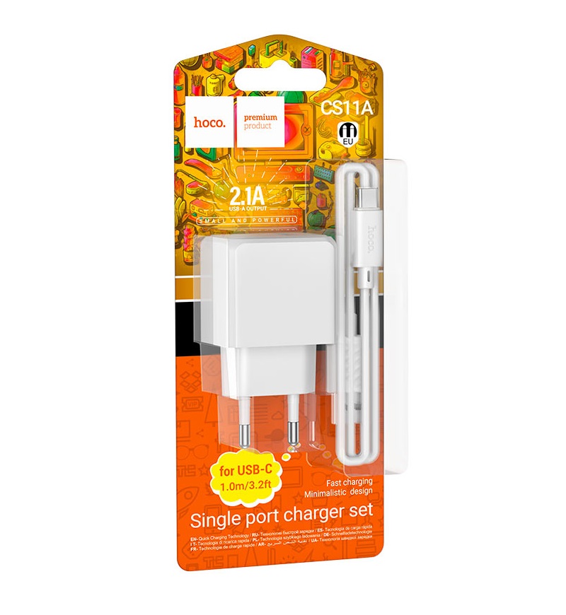 СЗУ 2в1 hoco CS11A, Type-C, 2.1А, 1 USB, 5V, 1.0 м, белое