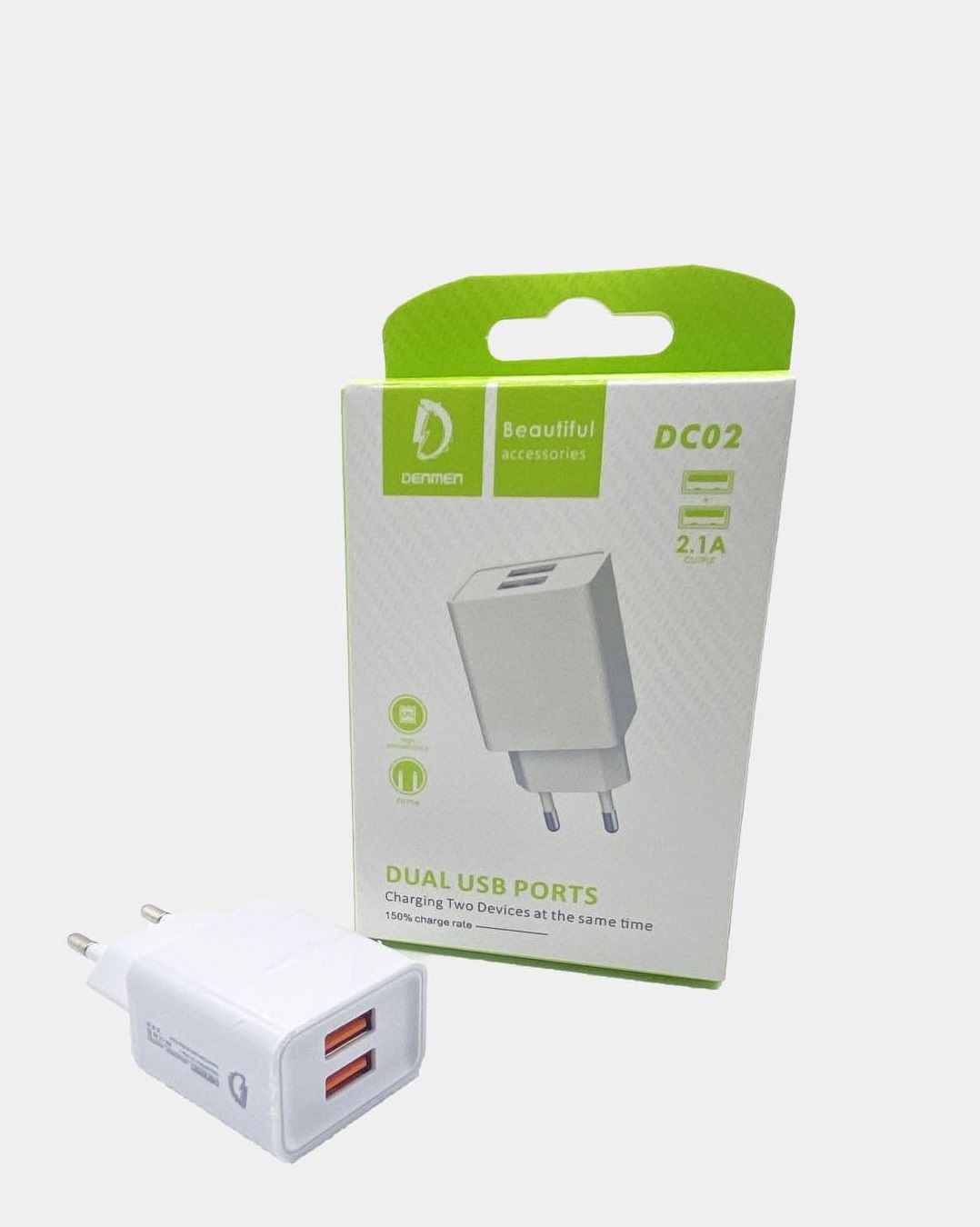АП сетевой Denmen DC02, 2.1А, 2 USB, 5V, пластик, белый