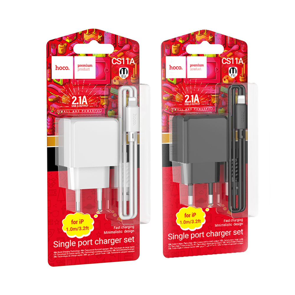 СЗУ 2в1 hoco CS11A, Apple-8pin, 2.1А, 1 USB, 5V, 1.0 м, черное