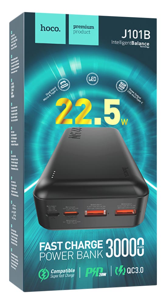 Powerbank hoco J101B, 30000 мАч, 3.0A, 2 USB/2Type-C, 22.5W,  черный