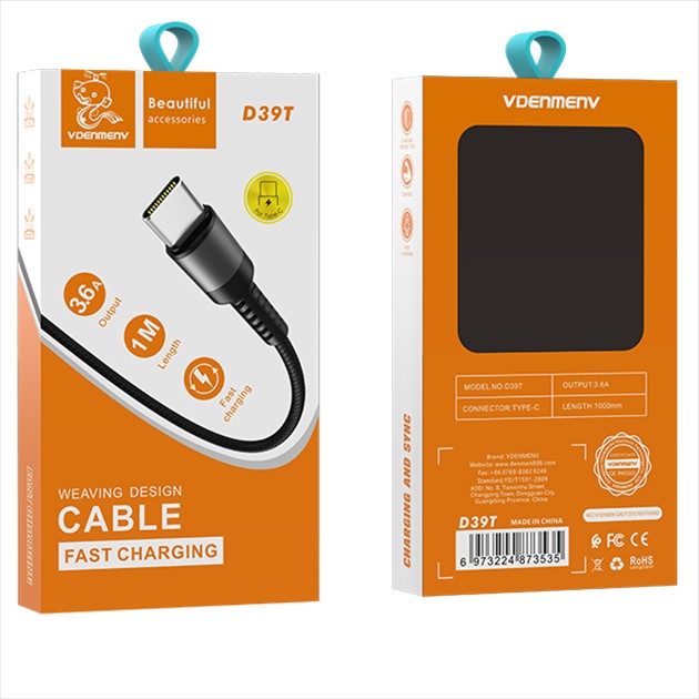 USB-кабель Denmen D39T, Type-C, 3,6 А,  нейлон, 1.0 м, круглый, красный
