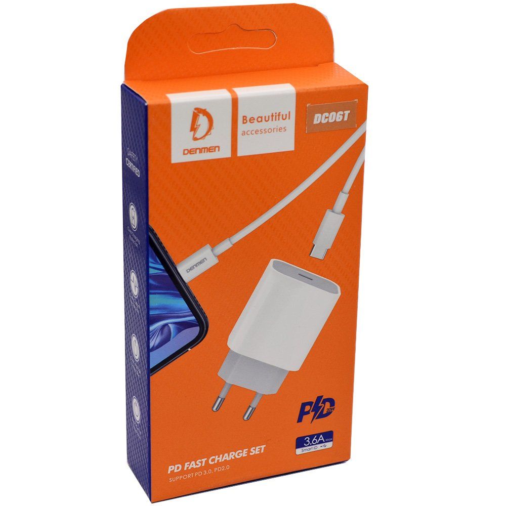 СЗУ 2в1 Denmen DC06T, PD 18W, Type-C, 3.6A, 1 USB, 5V/9V/12V, 1.0 м, белый