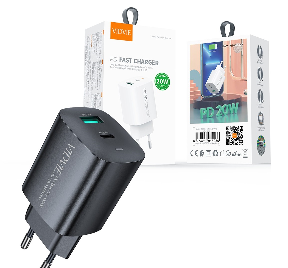СЗУ 2в1 VIDVIE PLE248, Type-C, 3.0А, 1USB/1Type-C, 20W, 1.0 м, белое
