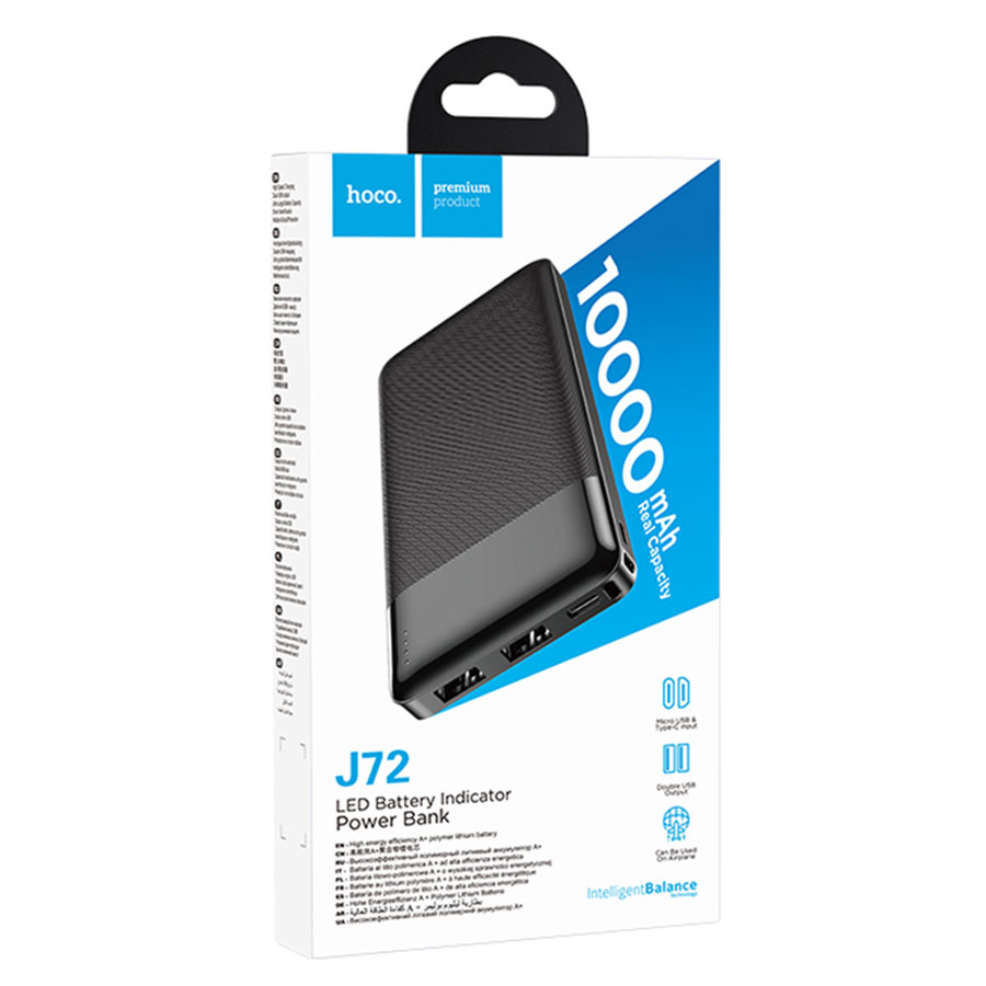 Powerbank hoco J72 10000 мАч, 2.0A, 2 USB/1 Type-C/1 Micro USB, пластик, черный