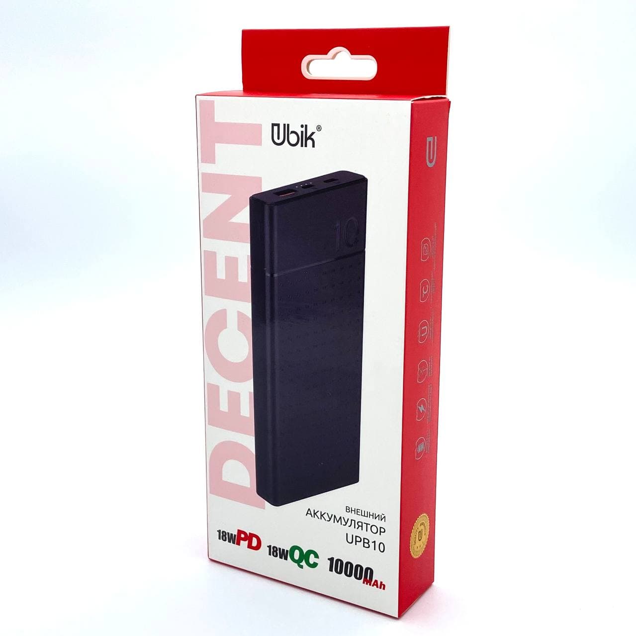 Powerbank Ubik UPB10 10000 мАч, 3.0A, 1 USB/1 Micro USB/1 Type-C, пластик, QC 3.0, PD 18W, черный