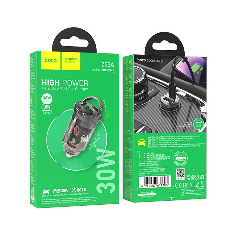 АП авто hoco Z53A, 3.0A, 1 USB/1Type-C, PD30W, металл, черный